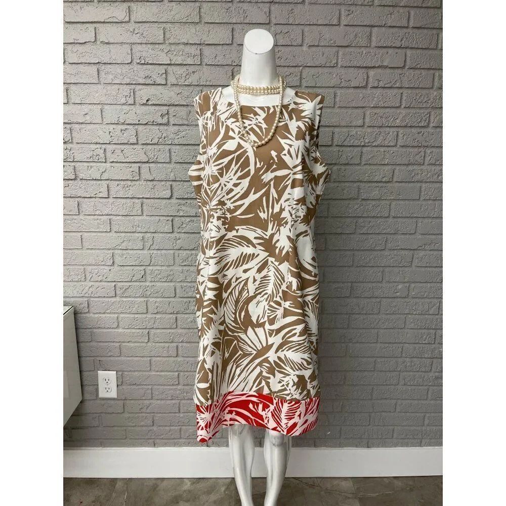 Ronni Nicole Women Sleeveless Beige White Tropical Print Sheath Dress Size 14
